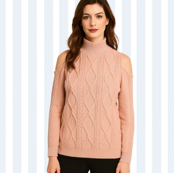 Do +Be blush Pink sweater cold shoulder mock turtleneck cable stitch. Sz L - Picture 1 of 10